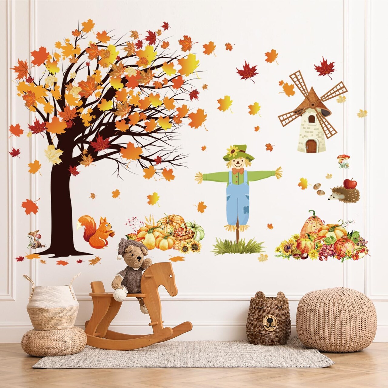 Fall Maple Leaves Wall Decals Autumn Pumpkin Scarecrow Wall Stickers